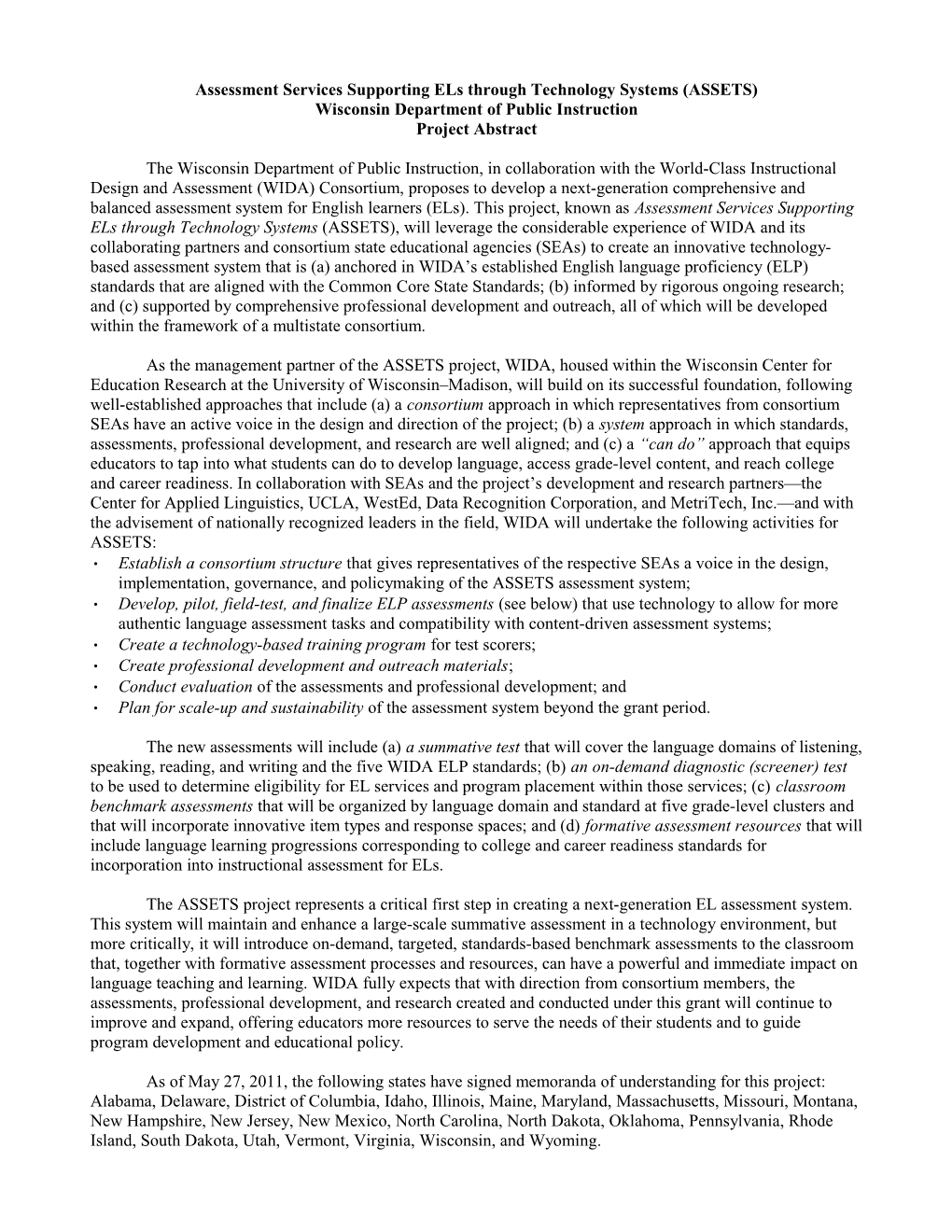 Wisconsin Department of Public Instruction Project Abstract