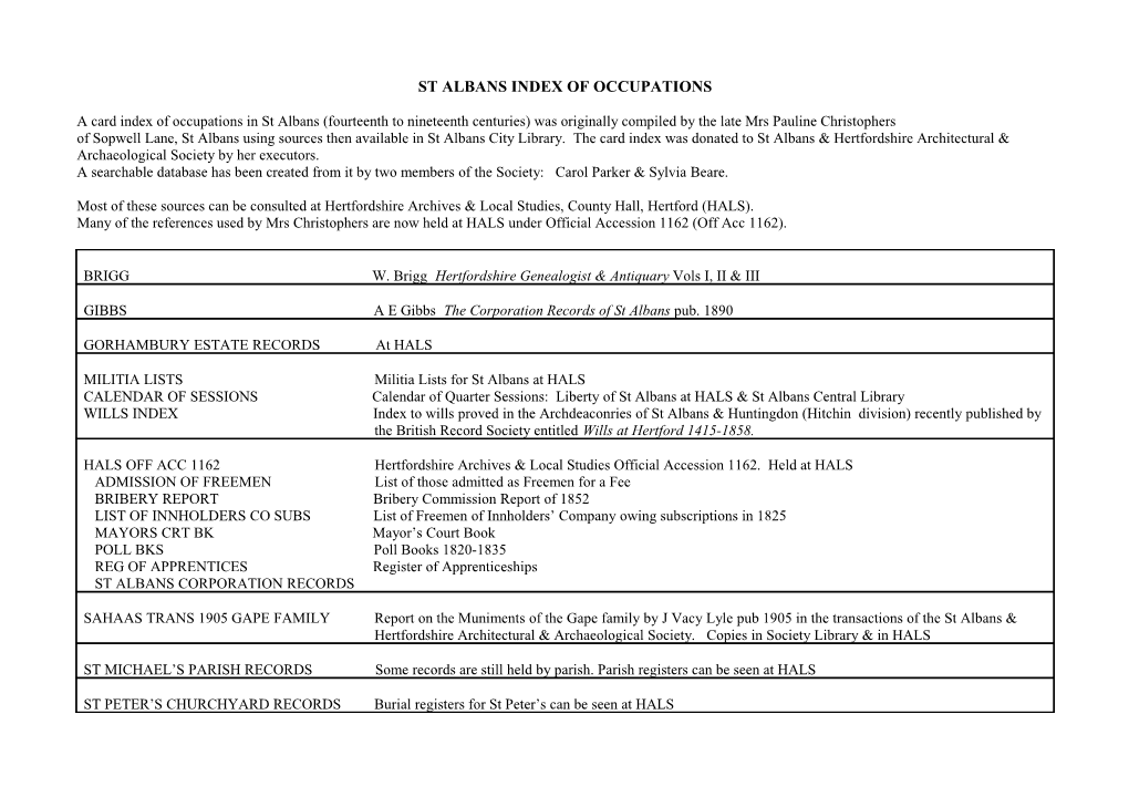 St Albans Index of Occupations