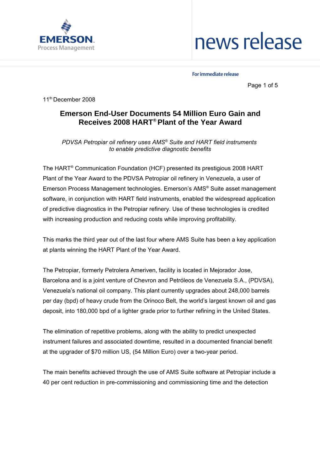 Emerson End-User Documents 54 Million Euro Gain and Receives 2008 HART Plant of the Year Award