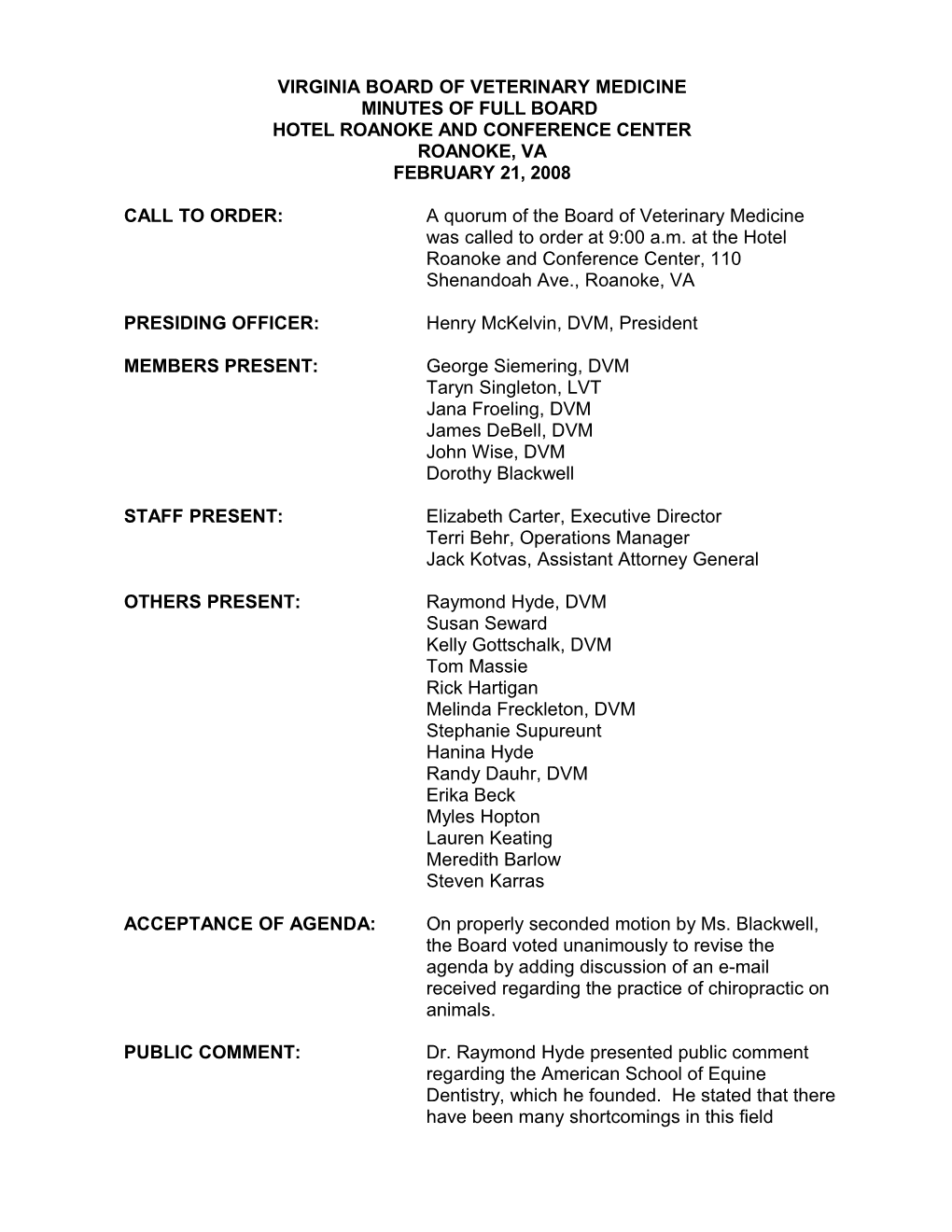 Board of Veterinary Medicine - Minutes of Full Board - February 21, 2008