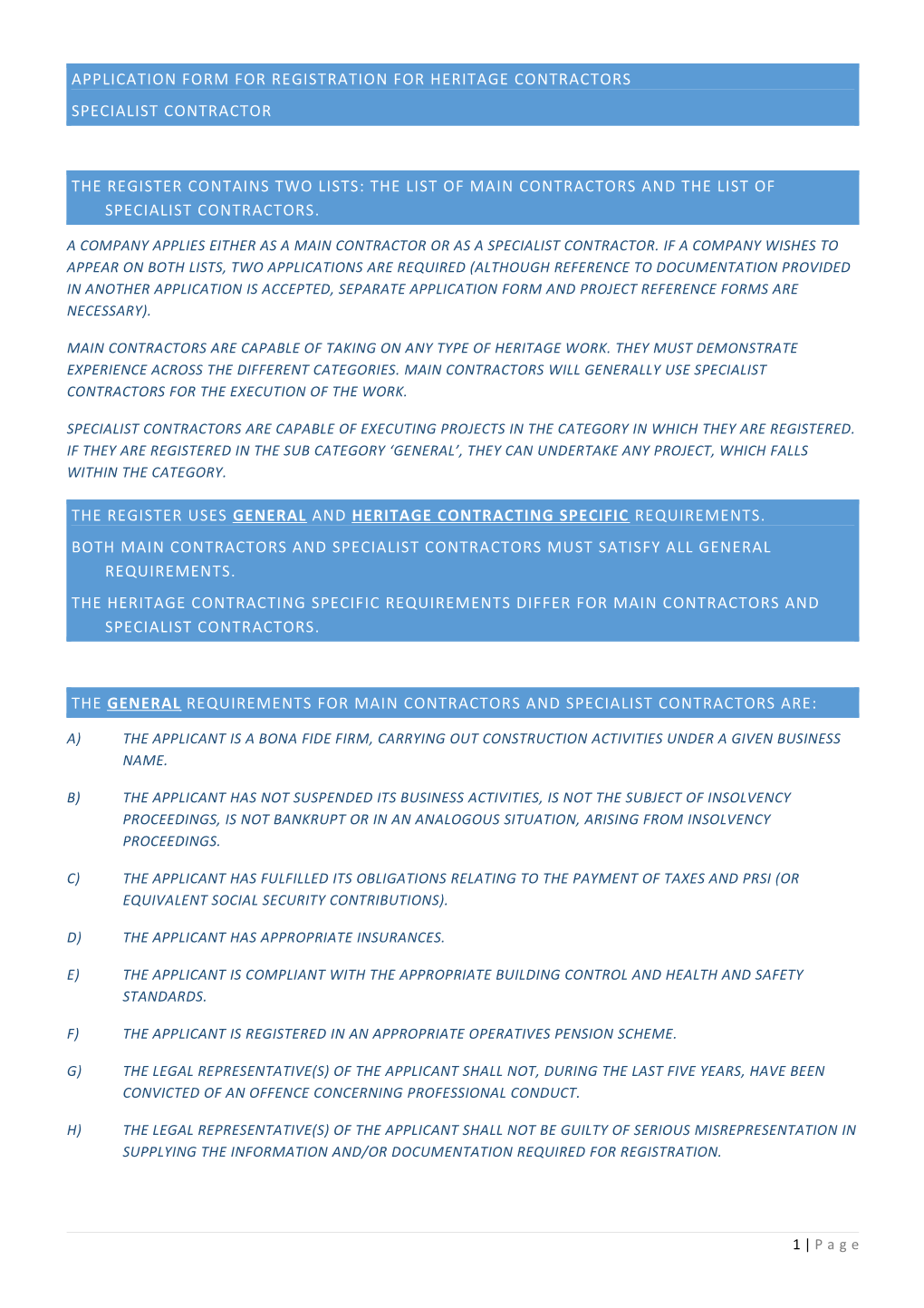 Application FORM for Registration for Heritage Contractors