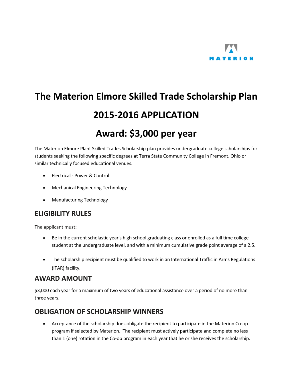 The Materion Elmore Skilled Trade Scholarship Plan