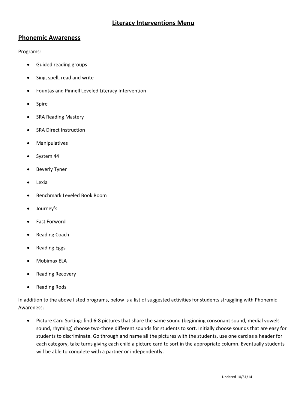 Literacy Interventions Menu