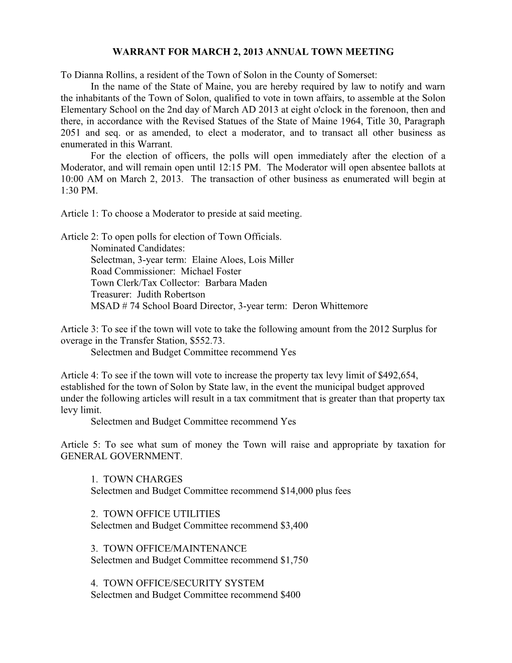 Warrant for March 2, 2013 Annual Town Meeting