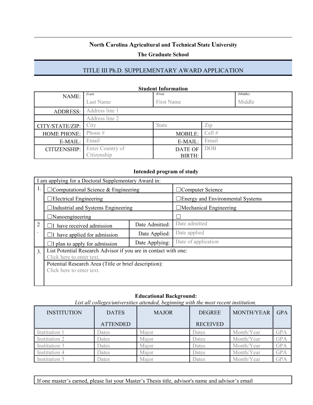 Intended Program of Study