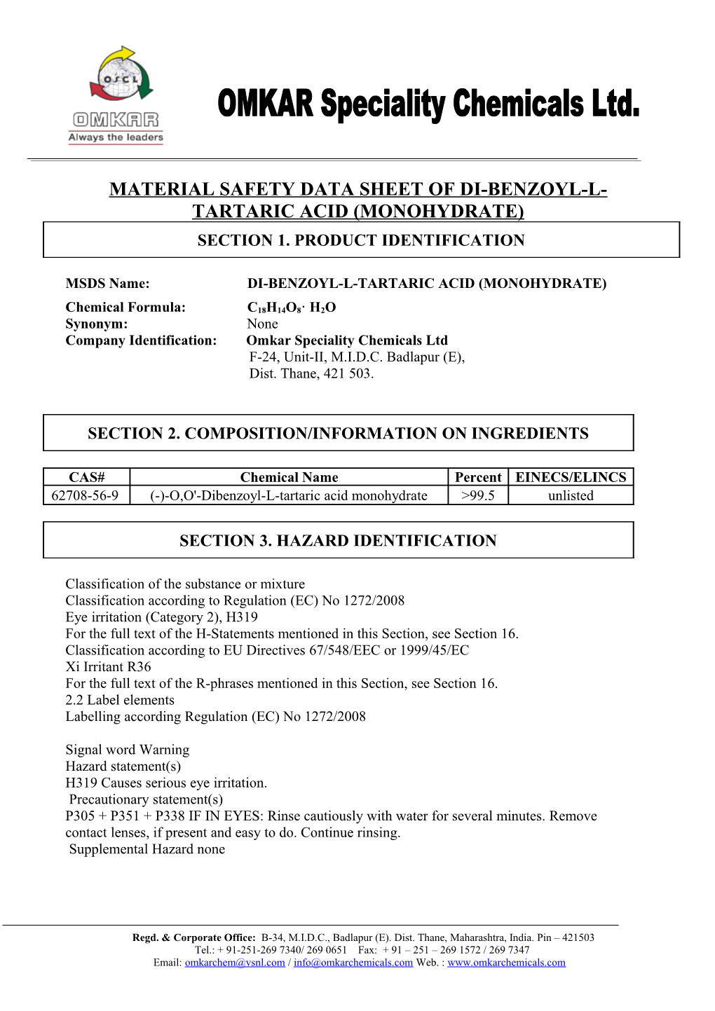 Material Safety Data Sheet of Di-Benzoyl-L-Tartaric Acid (Monohydrate)