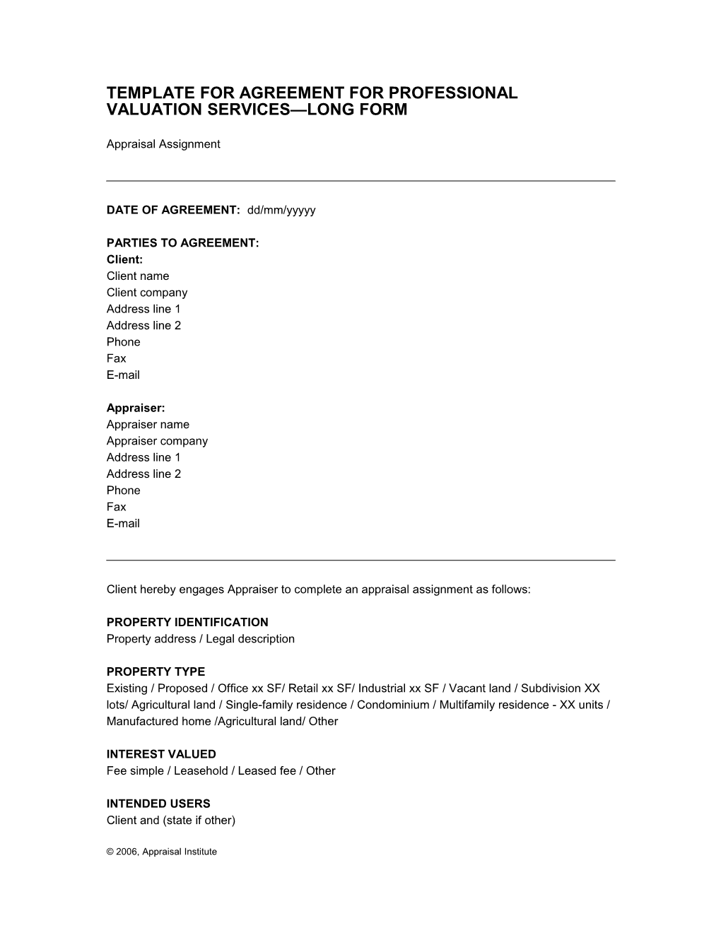 Template for Agreement for Professional Valuation Services Long Form