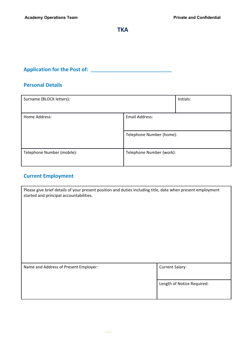 General Application Form - Support Staff