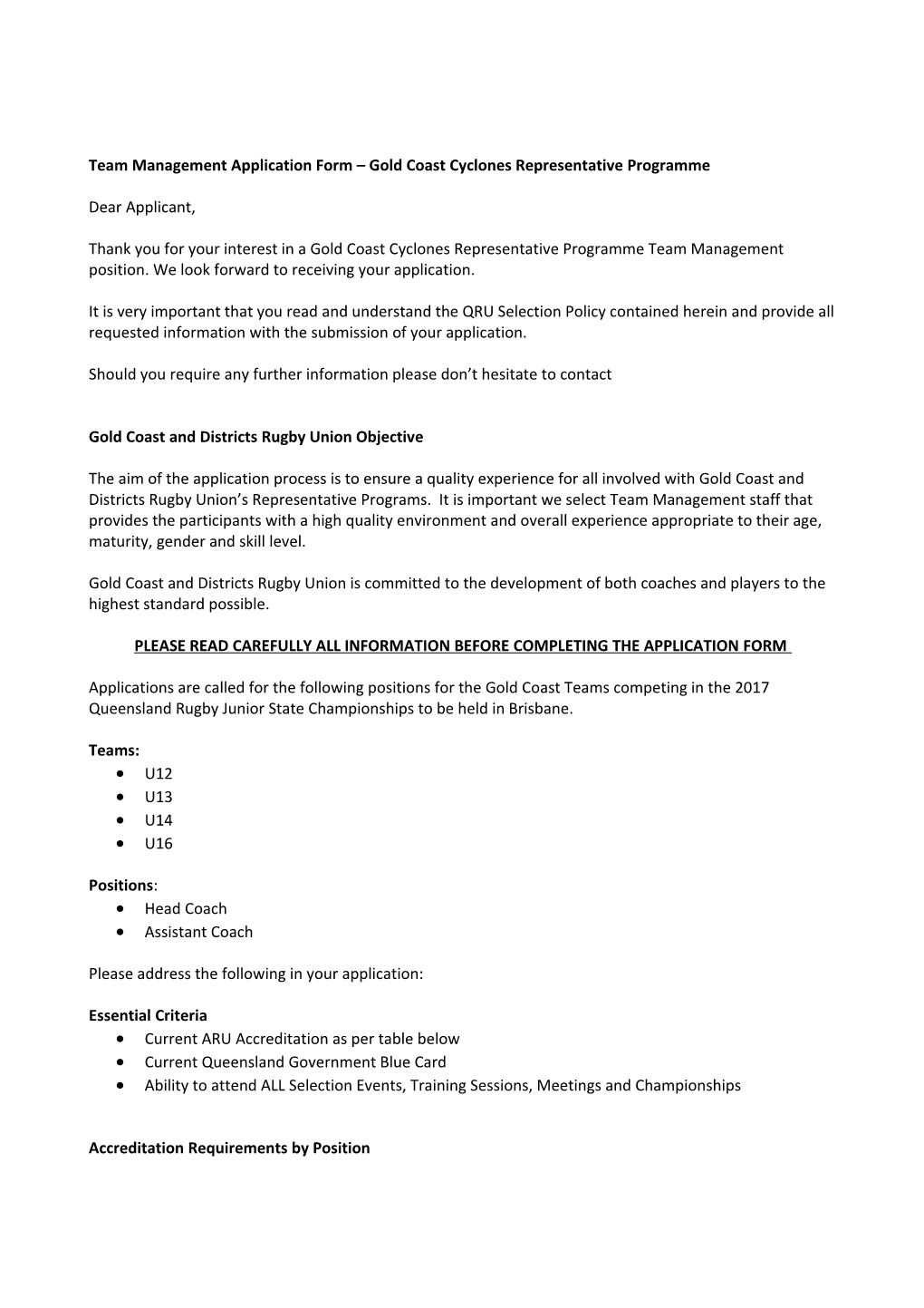 Team Management Application Form Gold Coastcyclones Representative Programme