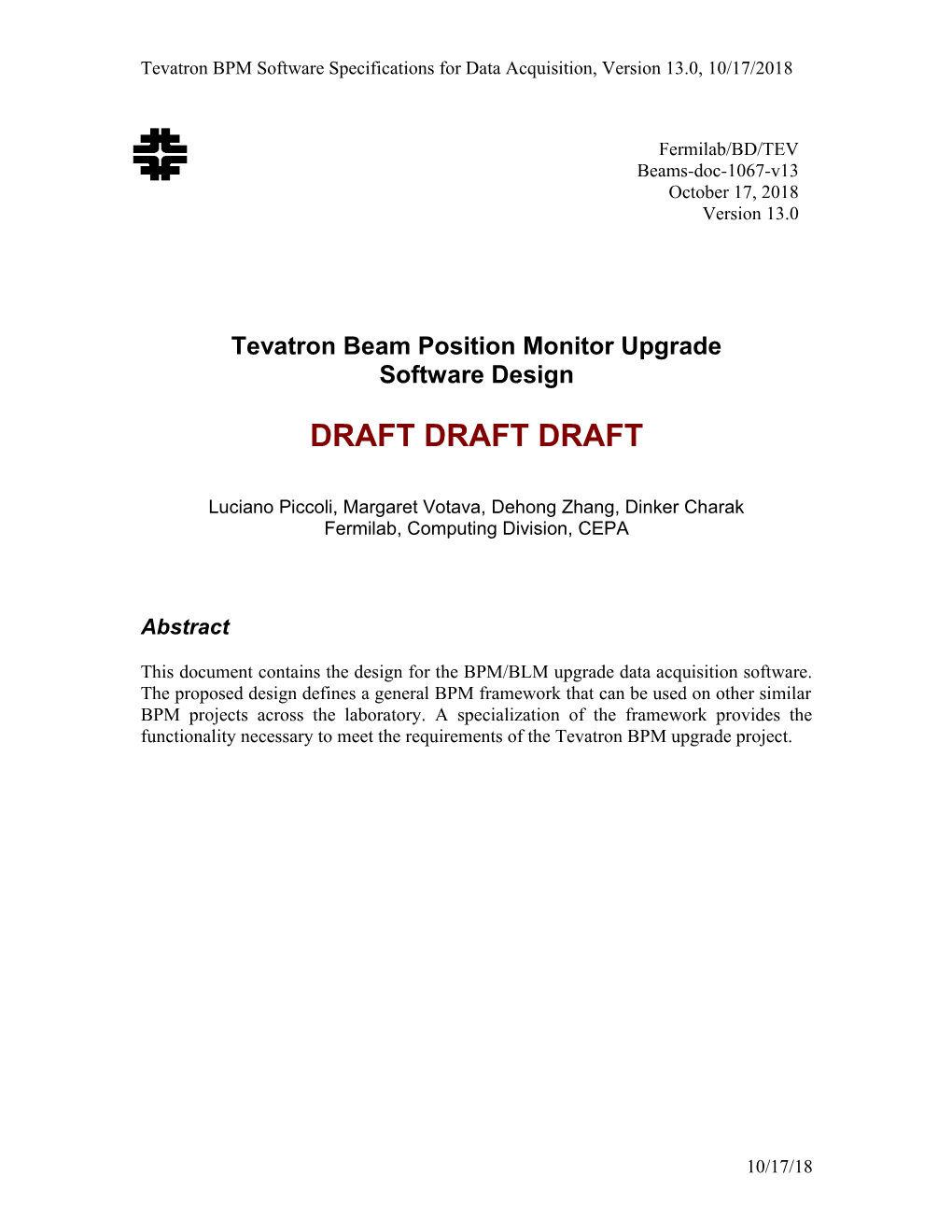 Tevatron BPM Software Design for Data Acquisition, Version 13.0, 10/19/2018