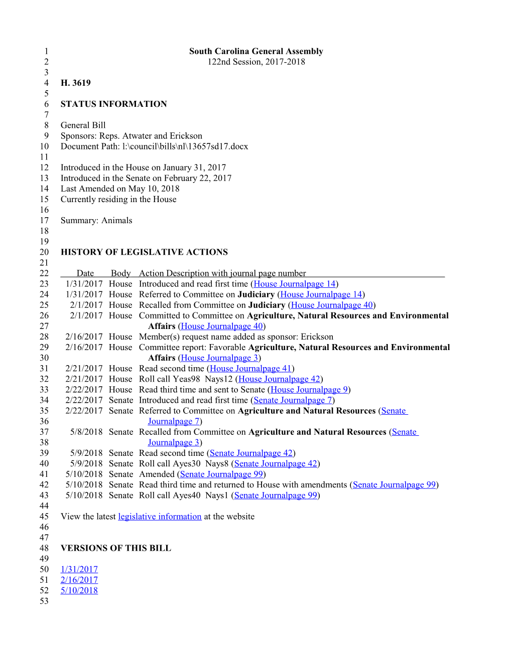 2017-2018 Bill 3619: Animals - South Carolina Legislature Online