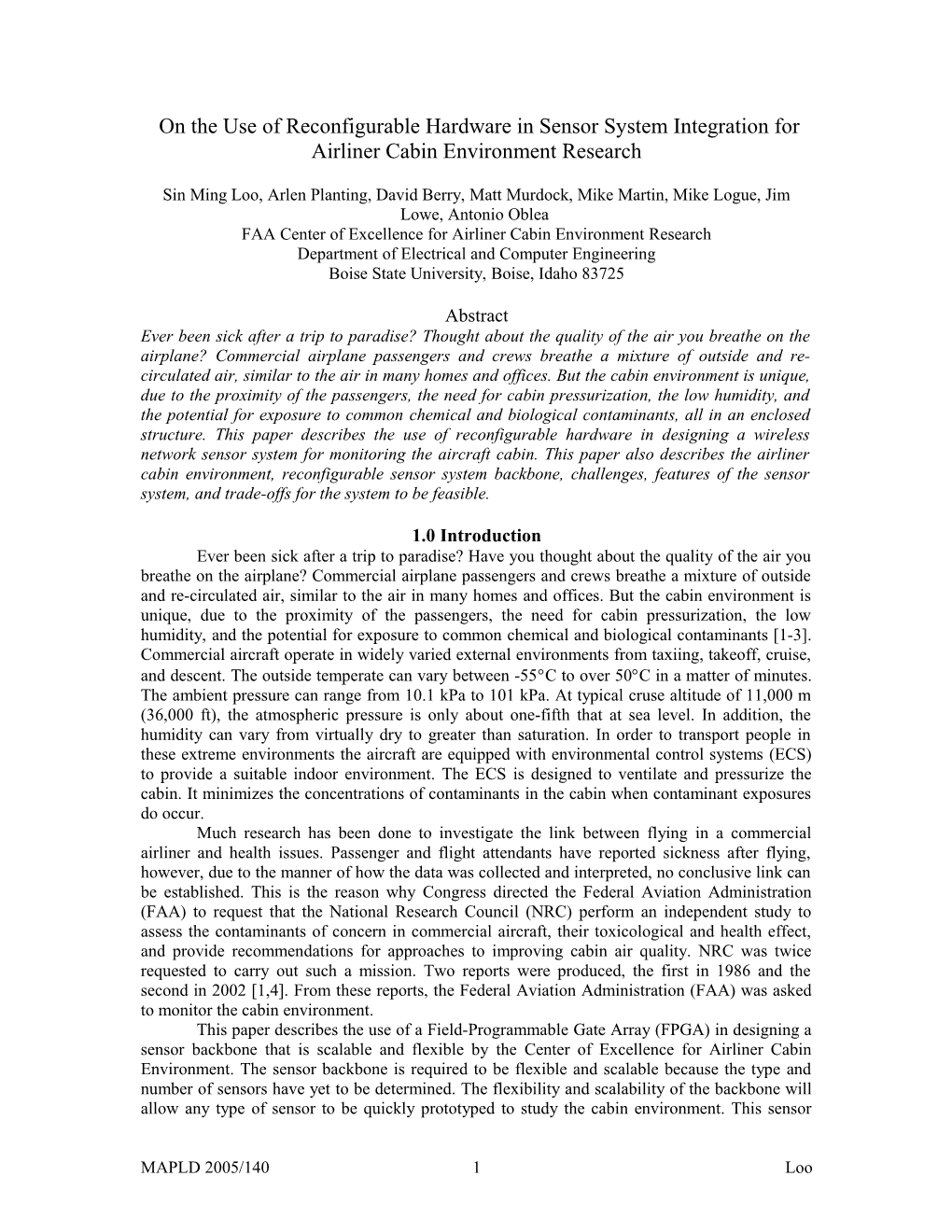 On the Use of Distributed Reconfigurable Hardware in Airliner Cabin Environment Research