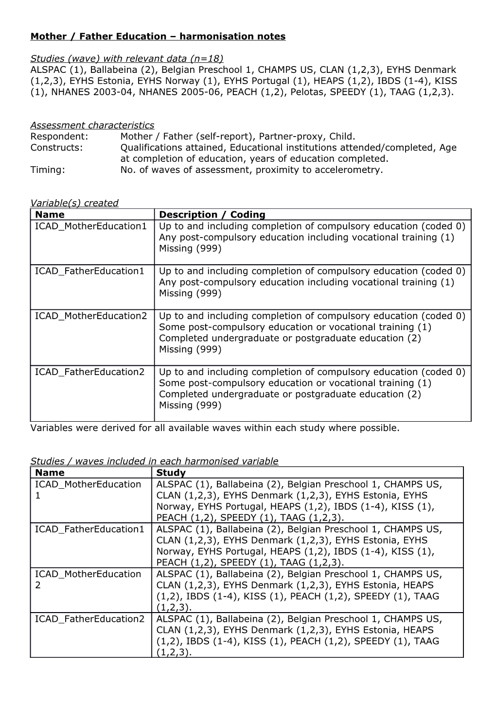 Mother / Father Education Harmonisation Notes