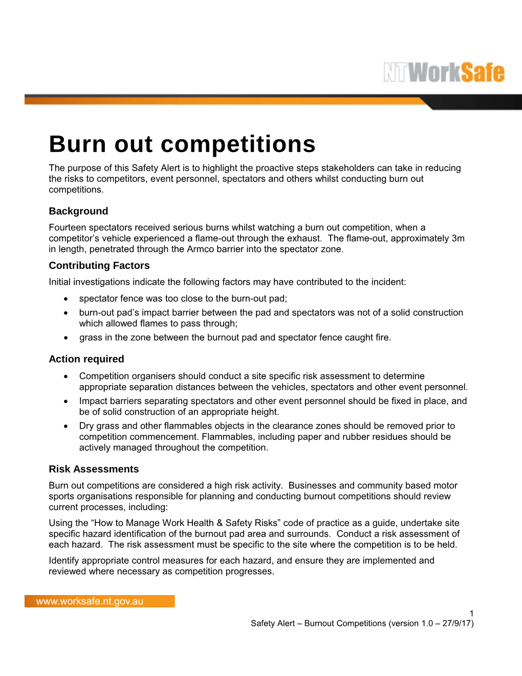 Safety Alert - Burn out Competitions