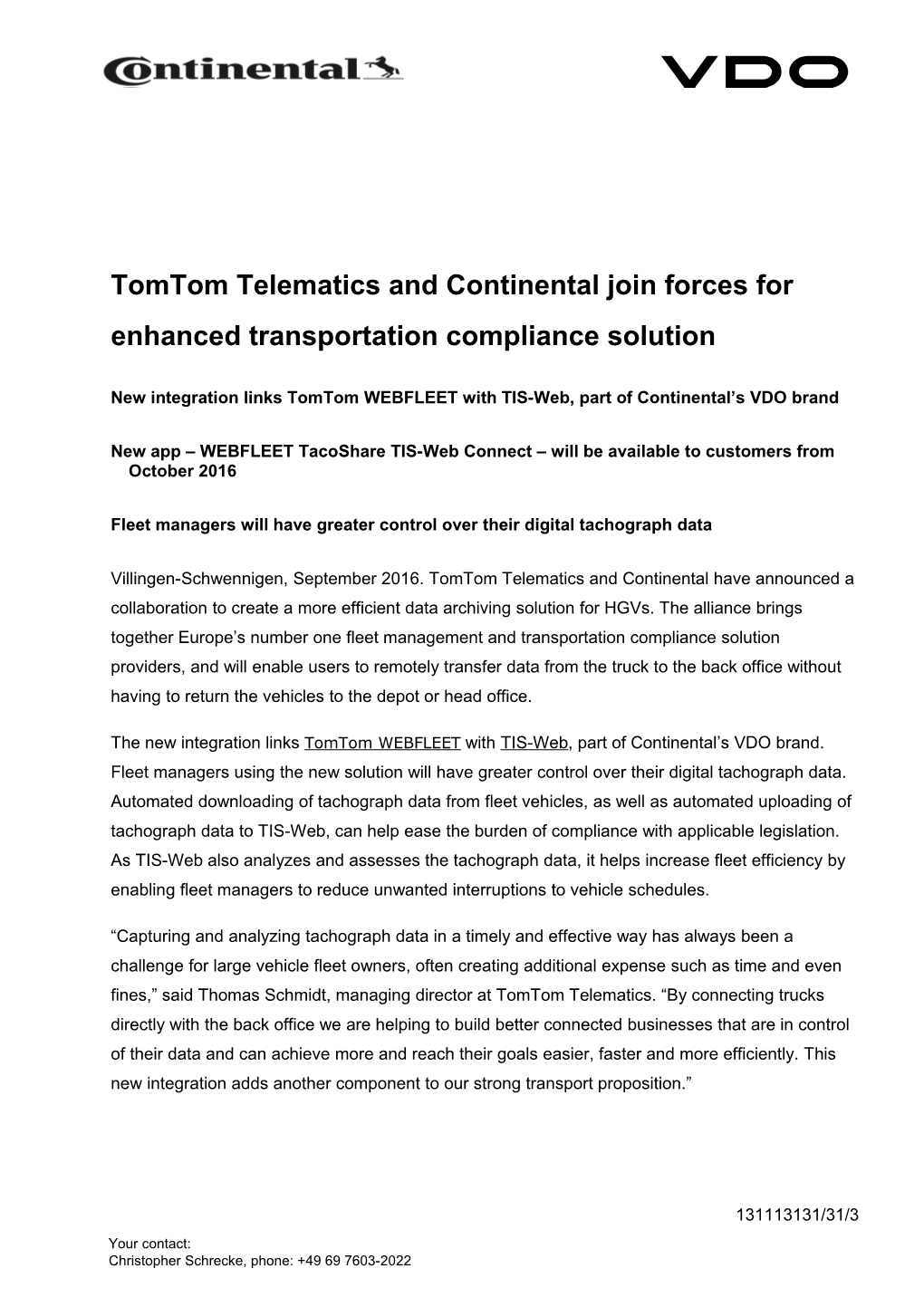 Tomtom Telematics and Continental Join Forces for Enhanced Transportation Compliance Solution