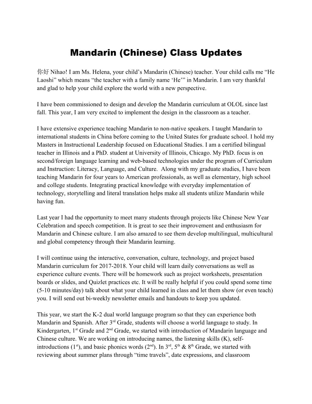 Mandarin (Chinese) Class Updates