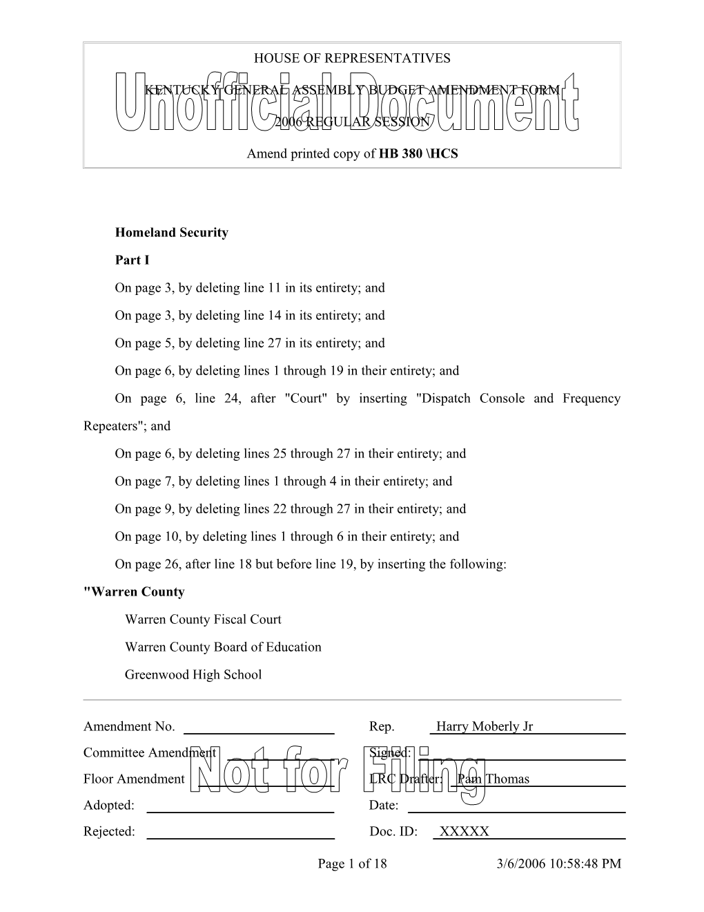 Kentucky General Assembly Budget Amendment Form