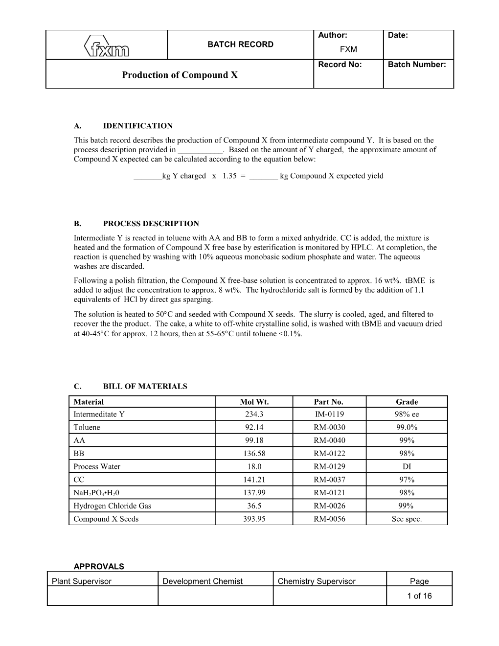 This Batch Record Describes the Production of Compound X from Intermediate Compound Y