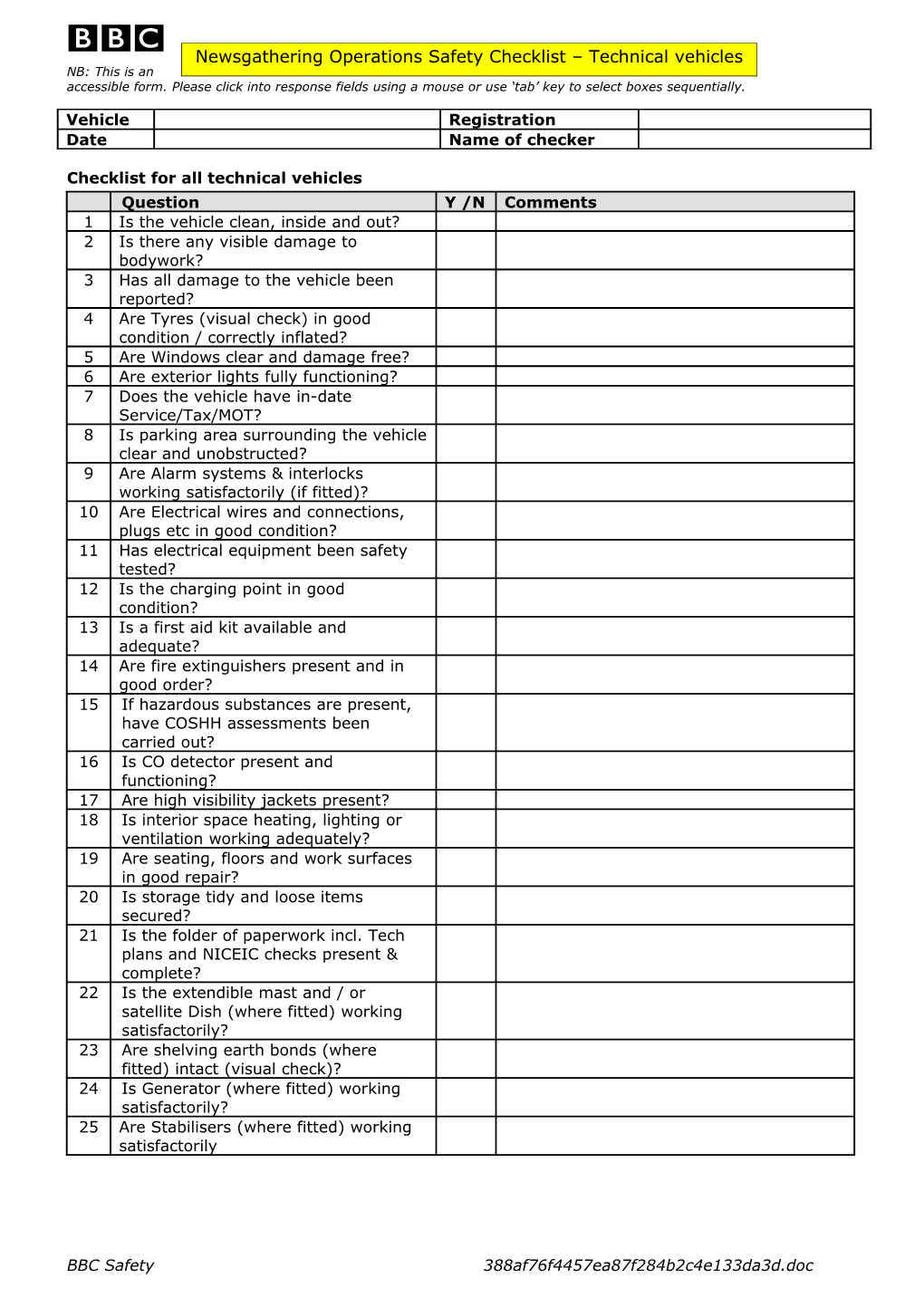 Location Vehicles Safety Checklist