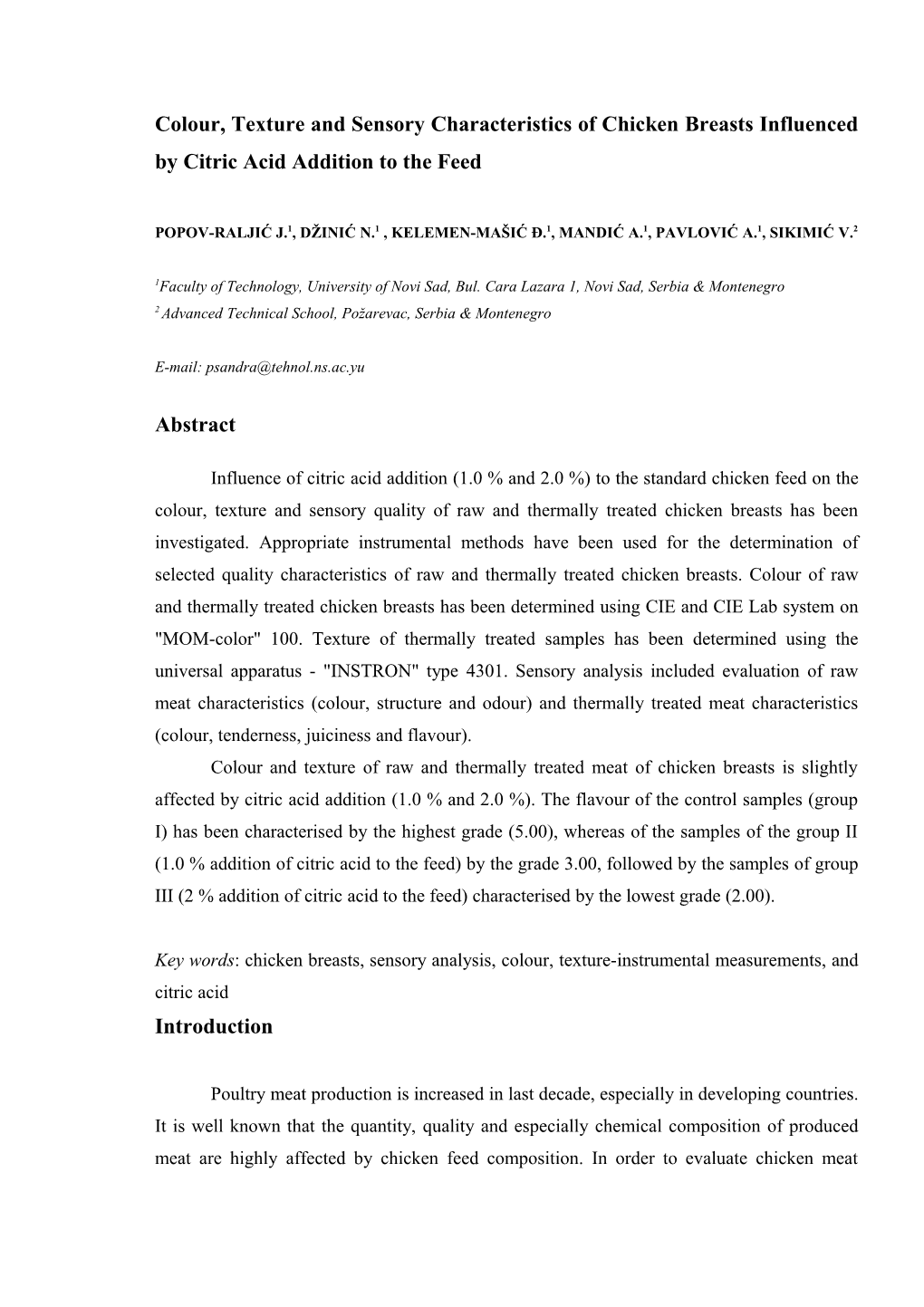 Colour, Texture and Sensory Characteristics of Chicken Breasts Influenced by Citric Acid