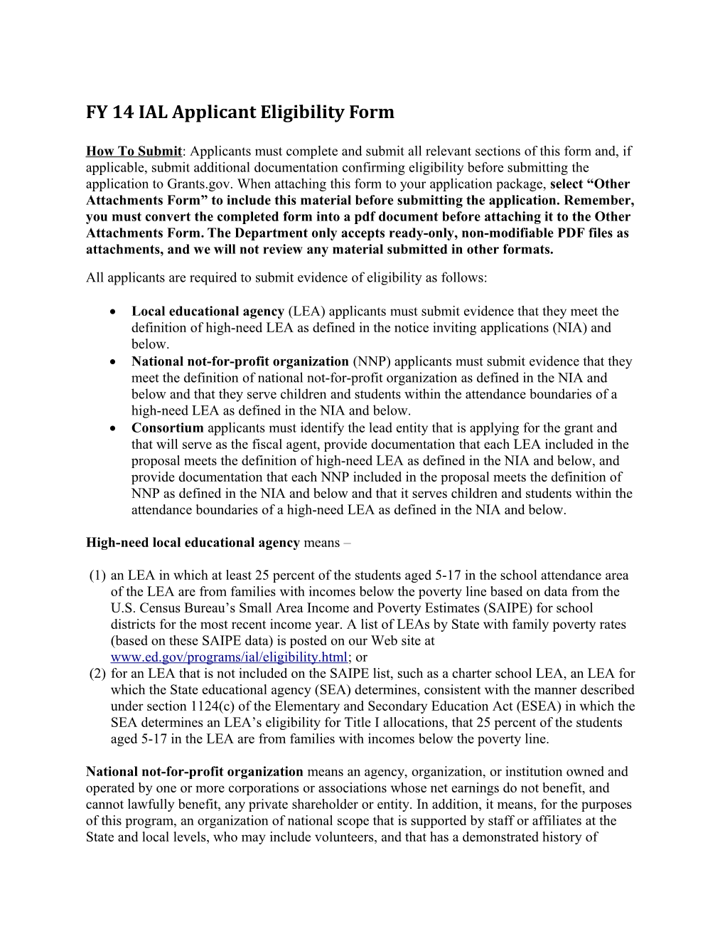 FY 2014 IAL Applicant Eligibility Form