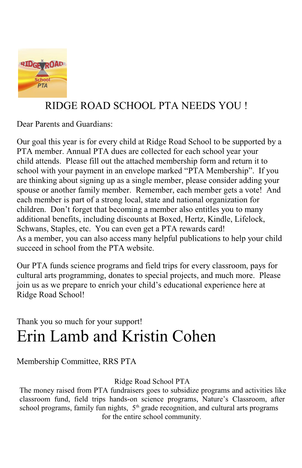 Ridge Road School Pta Needs You !