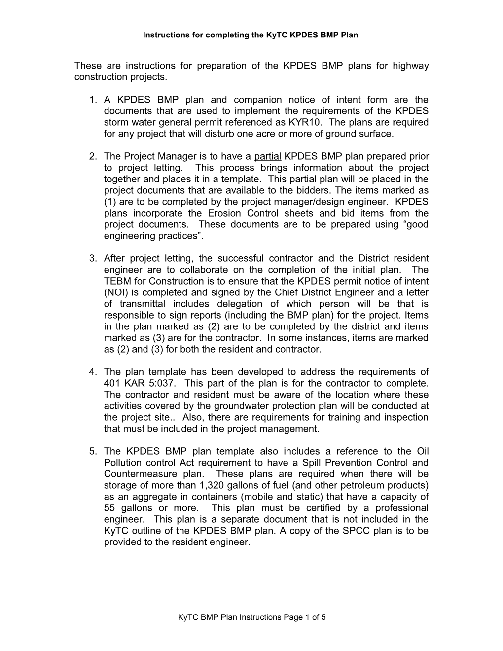 These Are Instructions for Preparation of the KPDES BMP Plans for Highway Construction Projects