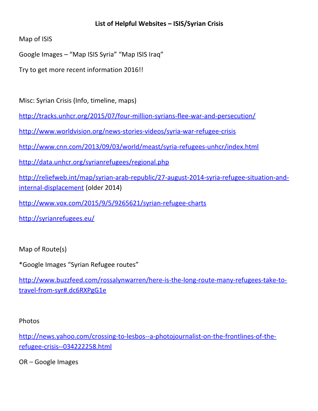 List of Helpful Websites ISIS/Syrian Crisis