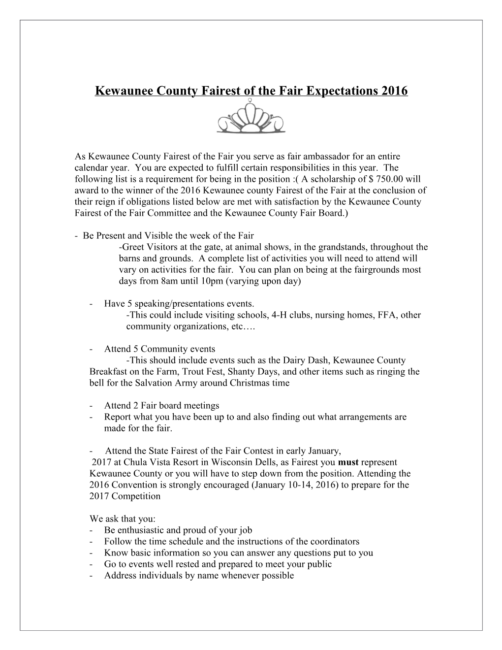 Kewaunee County Fairest of the Fair Expectations