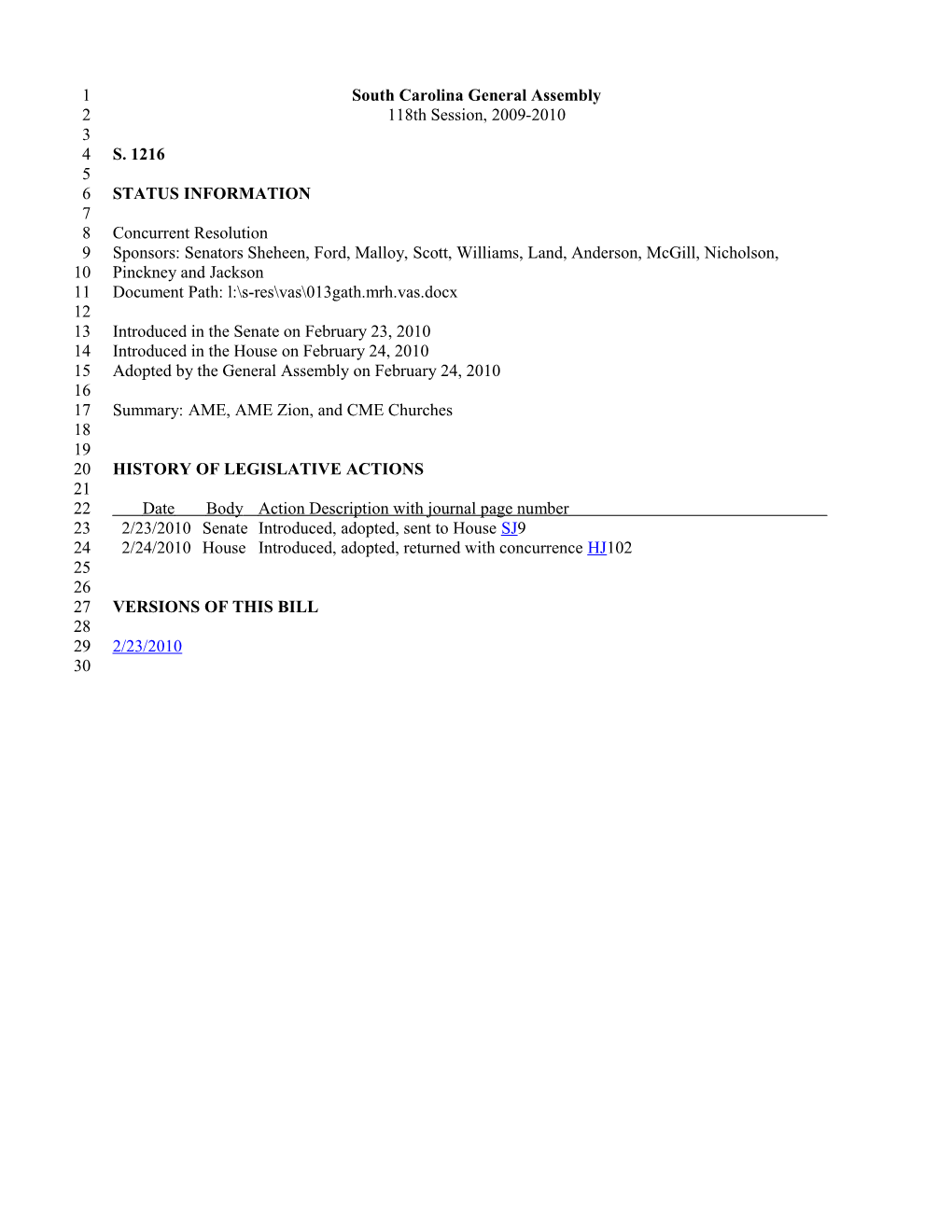 2009-2010 Bill 1216: AME, AME Zion, and CME Churches - South Carolina Legislature Online