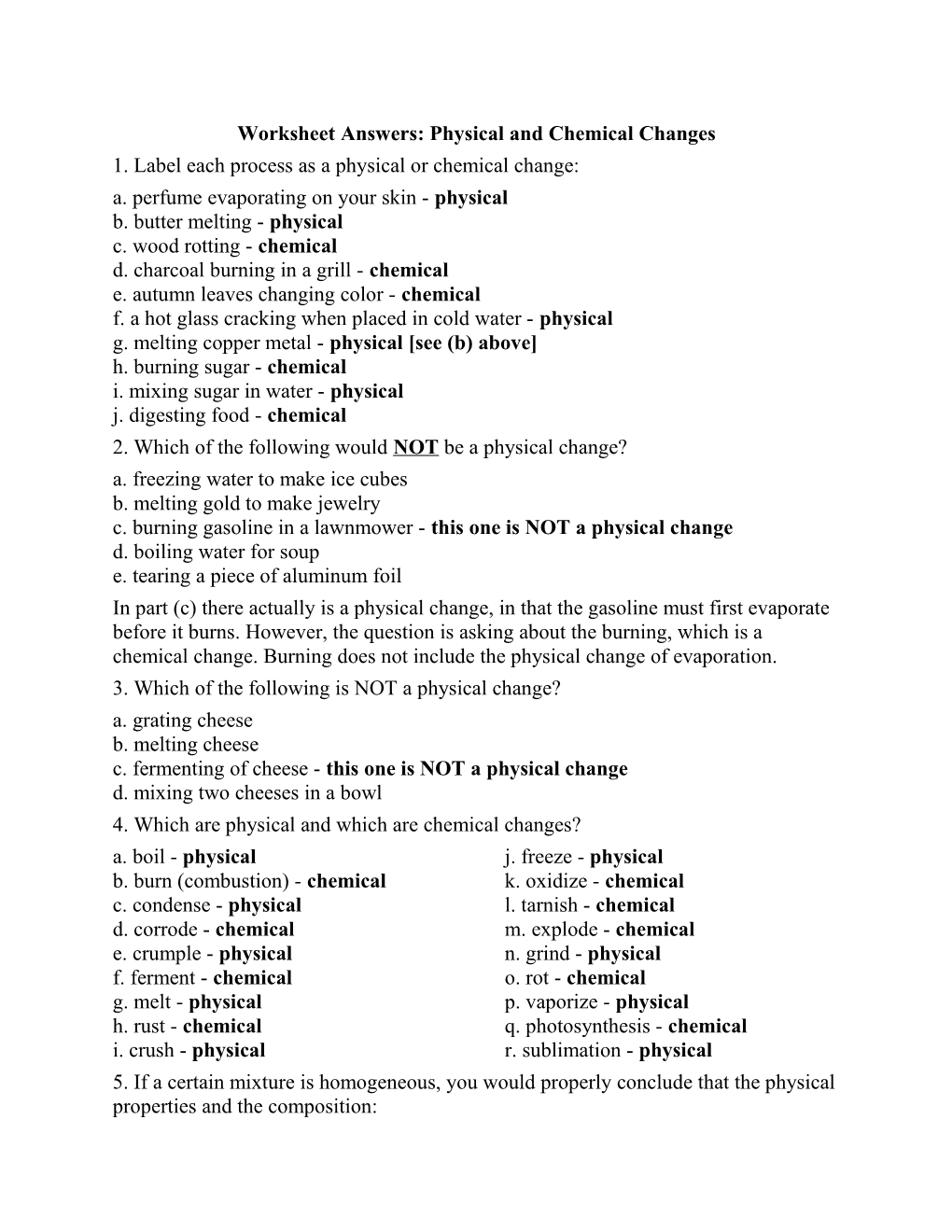 Worksheet Answers: Physical and Chemical Changes