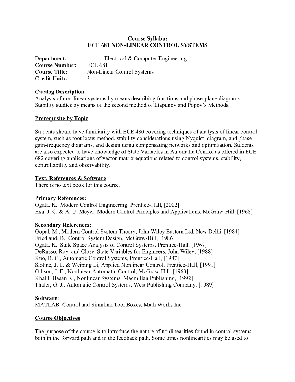 Ece 681 Non-Linear Control Systems