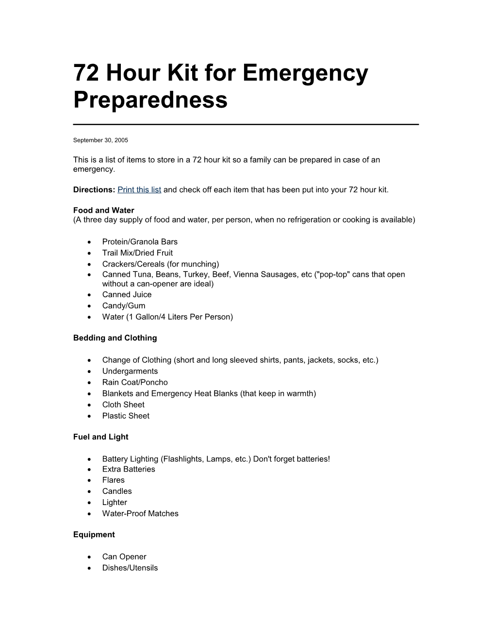 72 Hour Kit for Emergency Preparedness