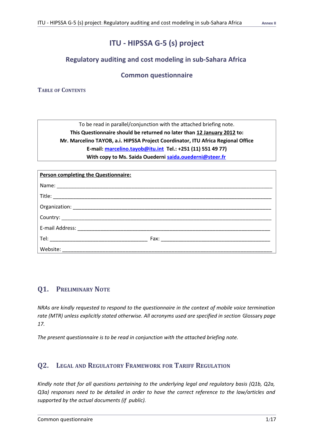 ITU - Price Regulation in Ssa: Common Questionnaire