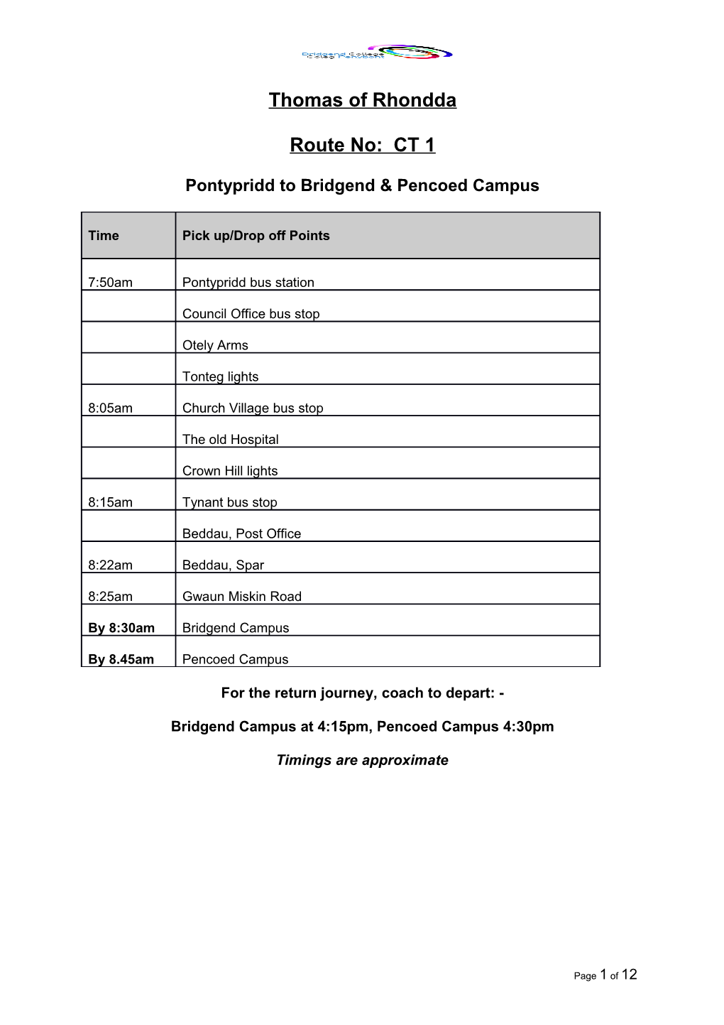 Pontypridd to Bridgend & Pencoed Campus