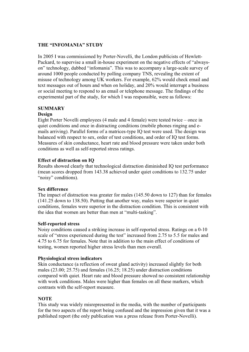 Infomania Experiment for Hp Summary of Findings