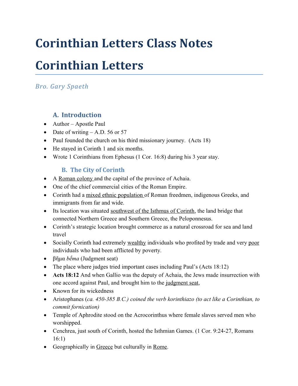 Corinthian Letters Class Notes