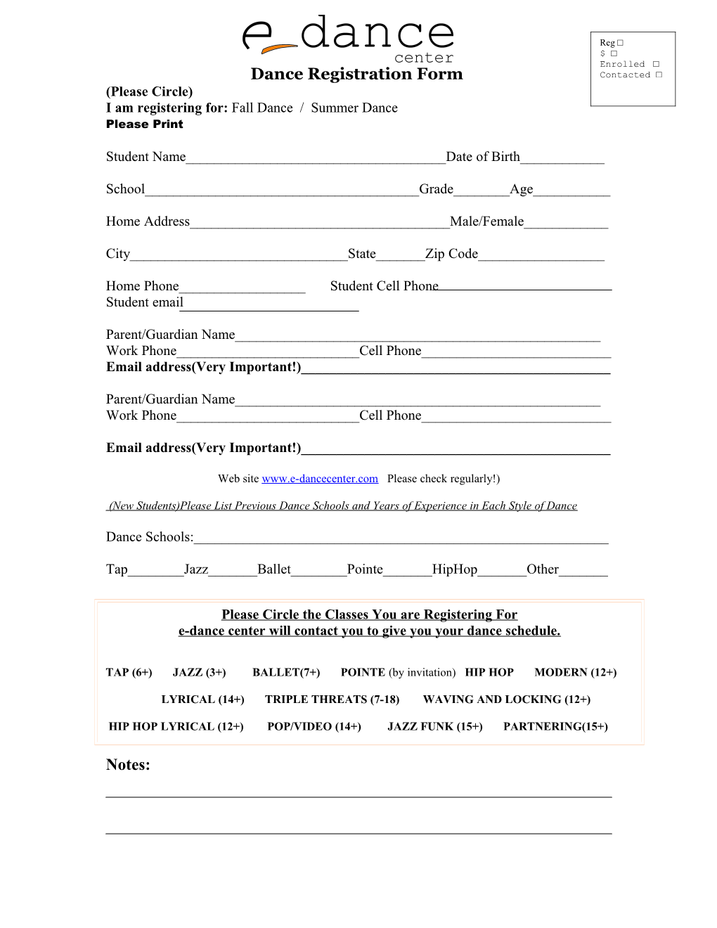 Dance Registration Form