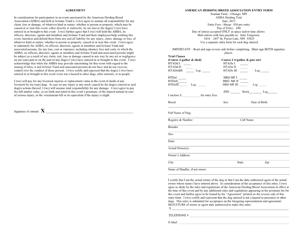 American Herding Breed Association Entry Form