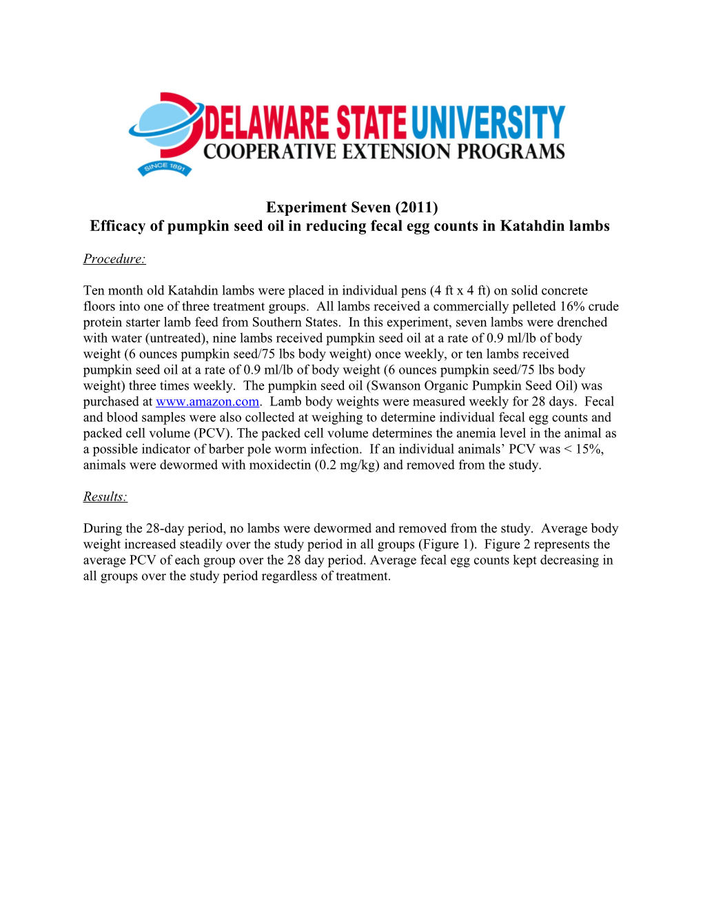 Efficacy of Pumpkin Seedoil Inreducing Fecal Egg Counts in Katahdin Lambs