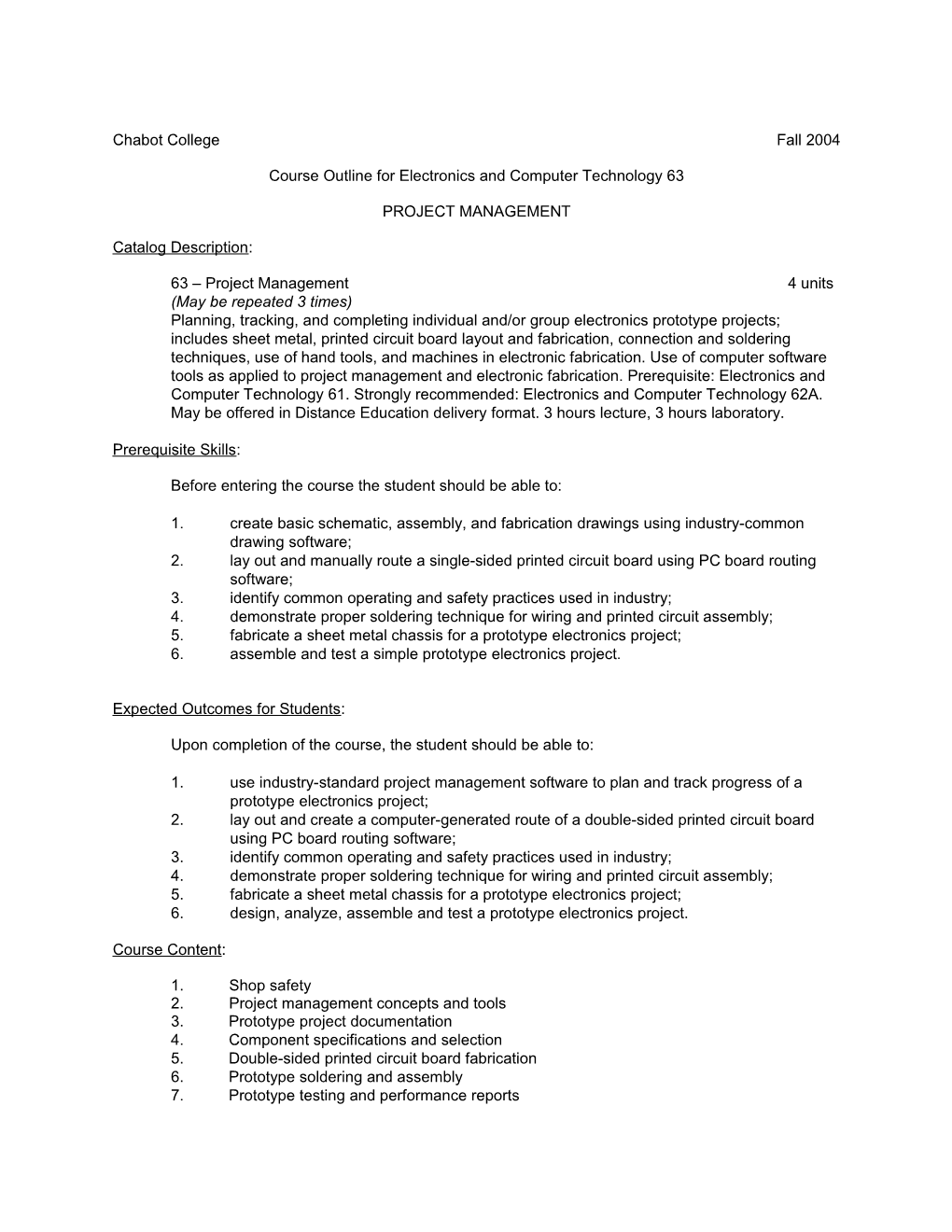 Course Outline for Electronics and Computer Technology 63