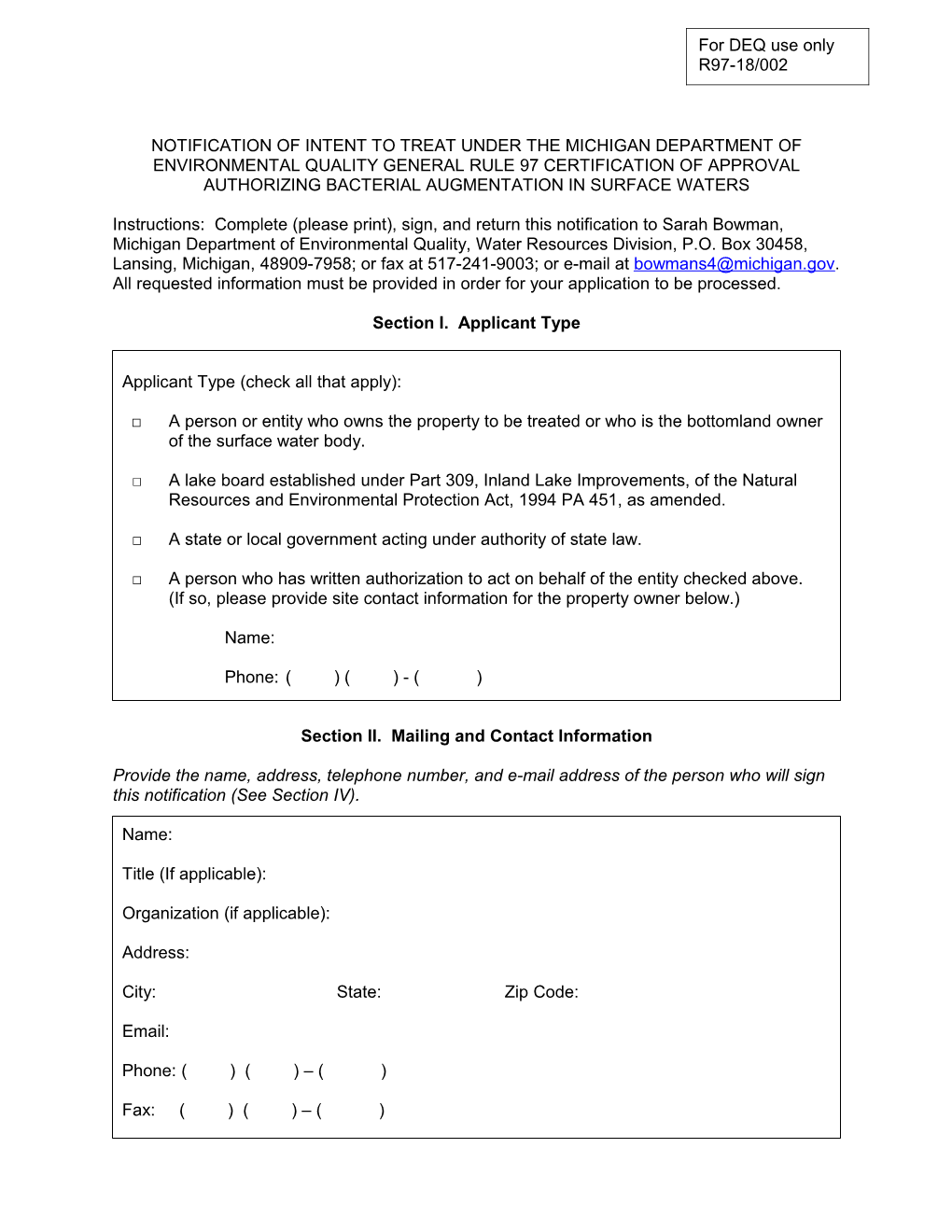 Application of Coverage Under the Michigan Department of Environmental Quality General