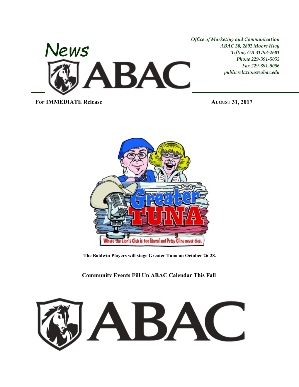 Community Events Fill up ABAC Calendarthis Fall