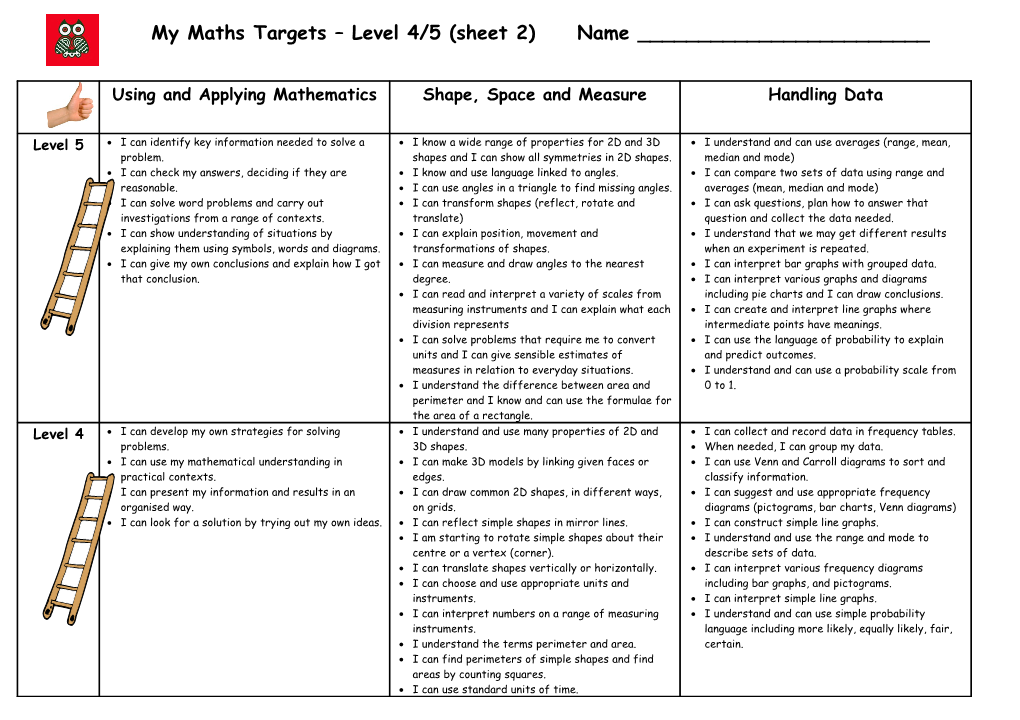 My Maths Targets Level 4/5 (Sheet 2) Name ______