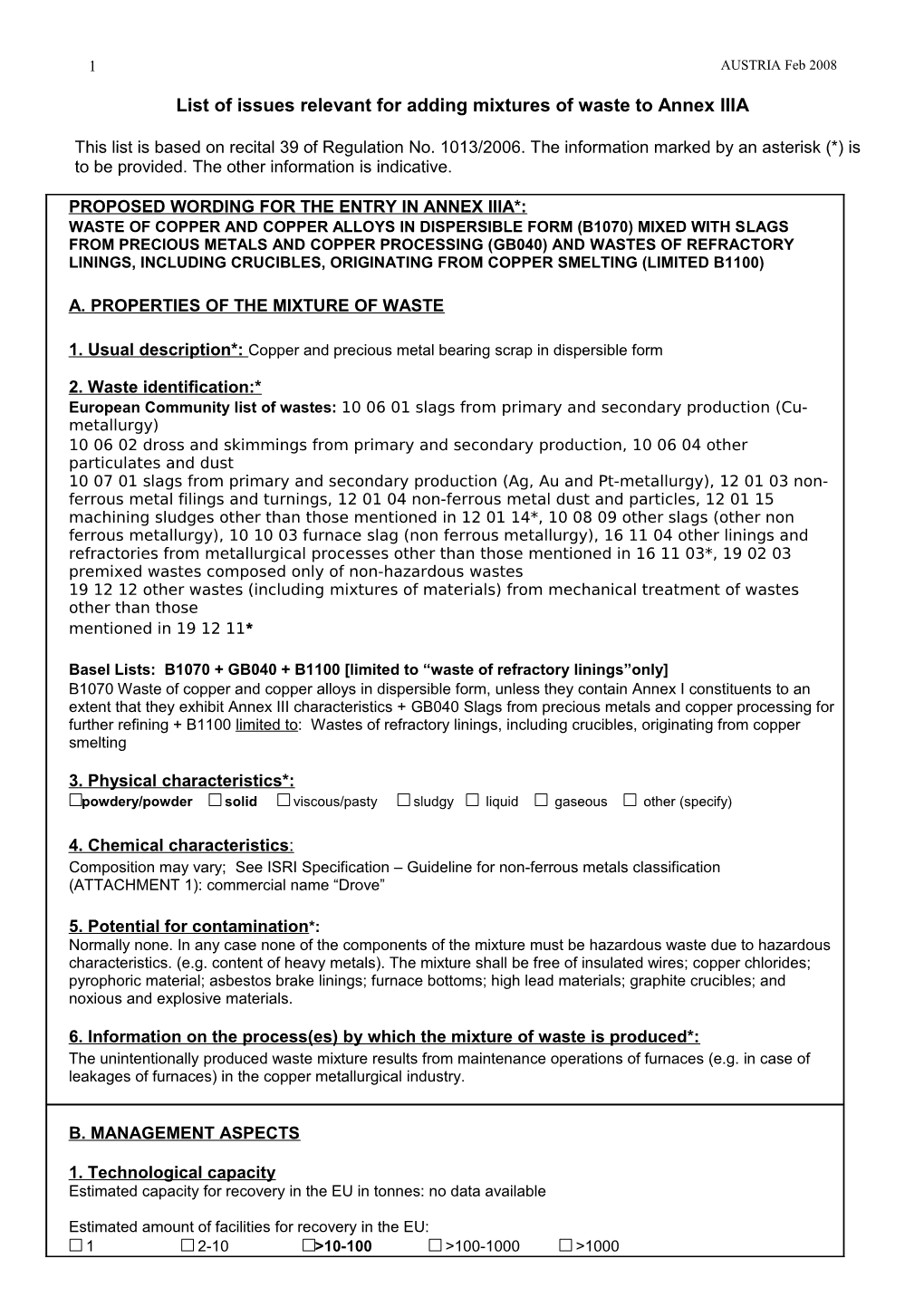 Listof Issues Relevant for Adding Mixtures of Waste to Annex IIIA