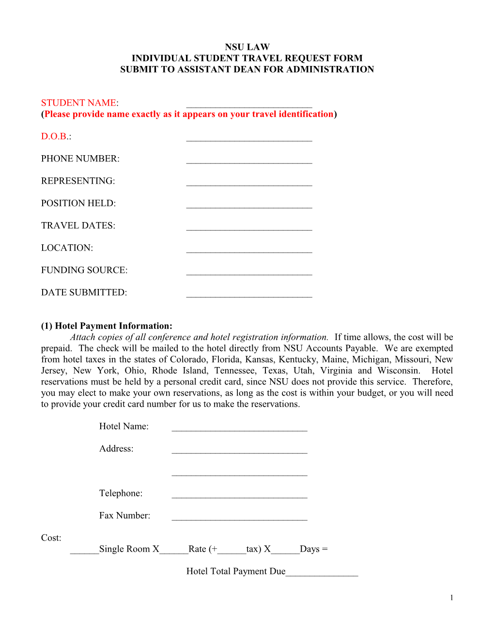 Individual Student Travel Request Form