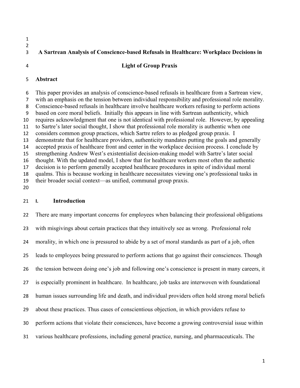 A Sartrean Analysis of Conscience-Based Refusals in Healthcare: Workplace Decisions In