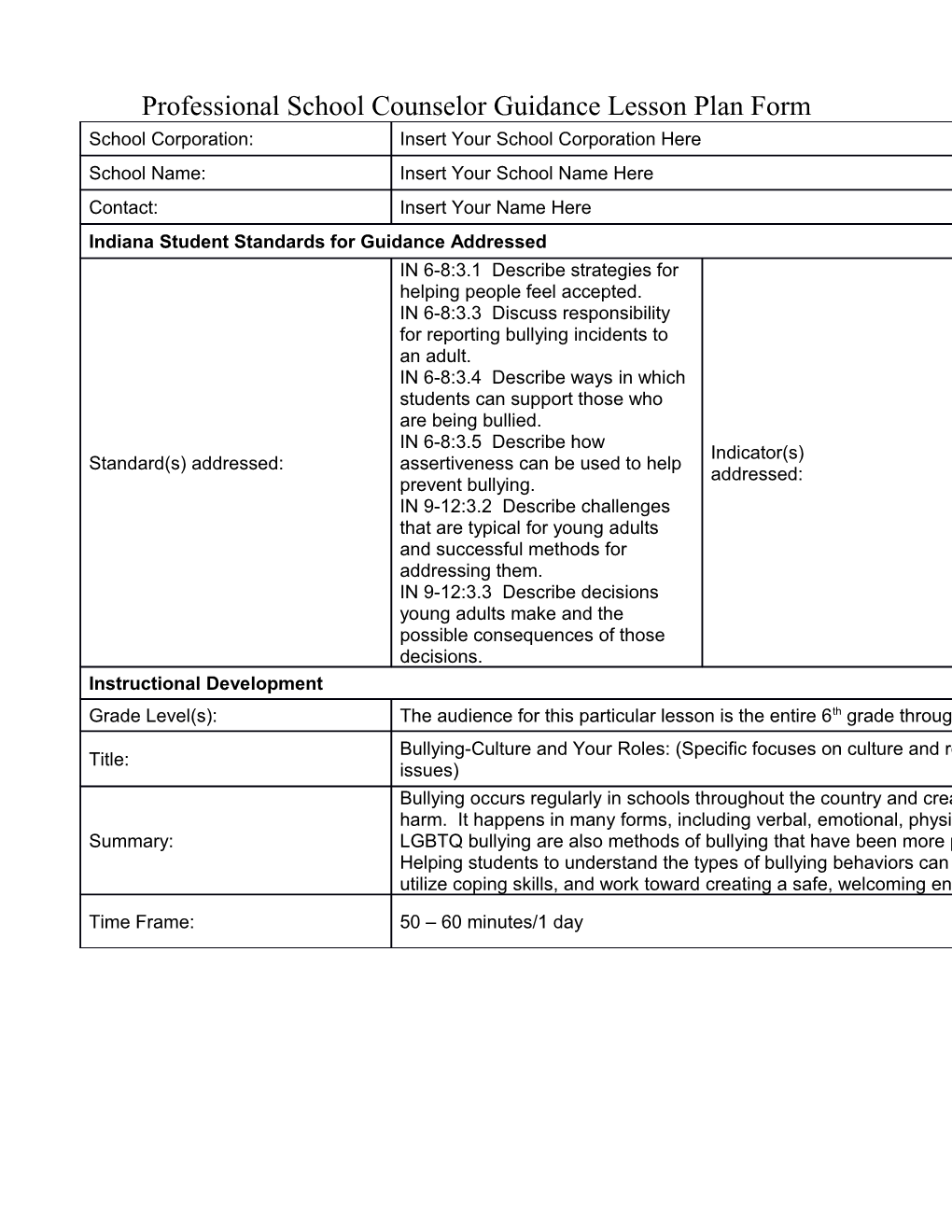 Professional School Counselor Guidance Lesson Plan Form