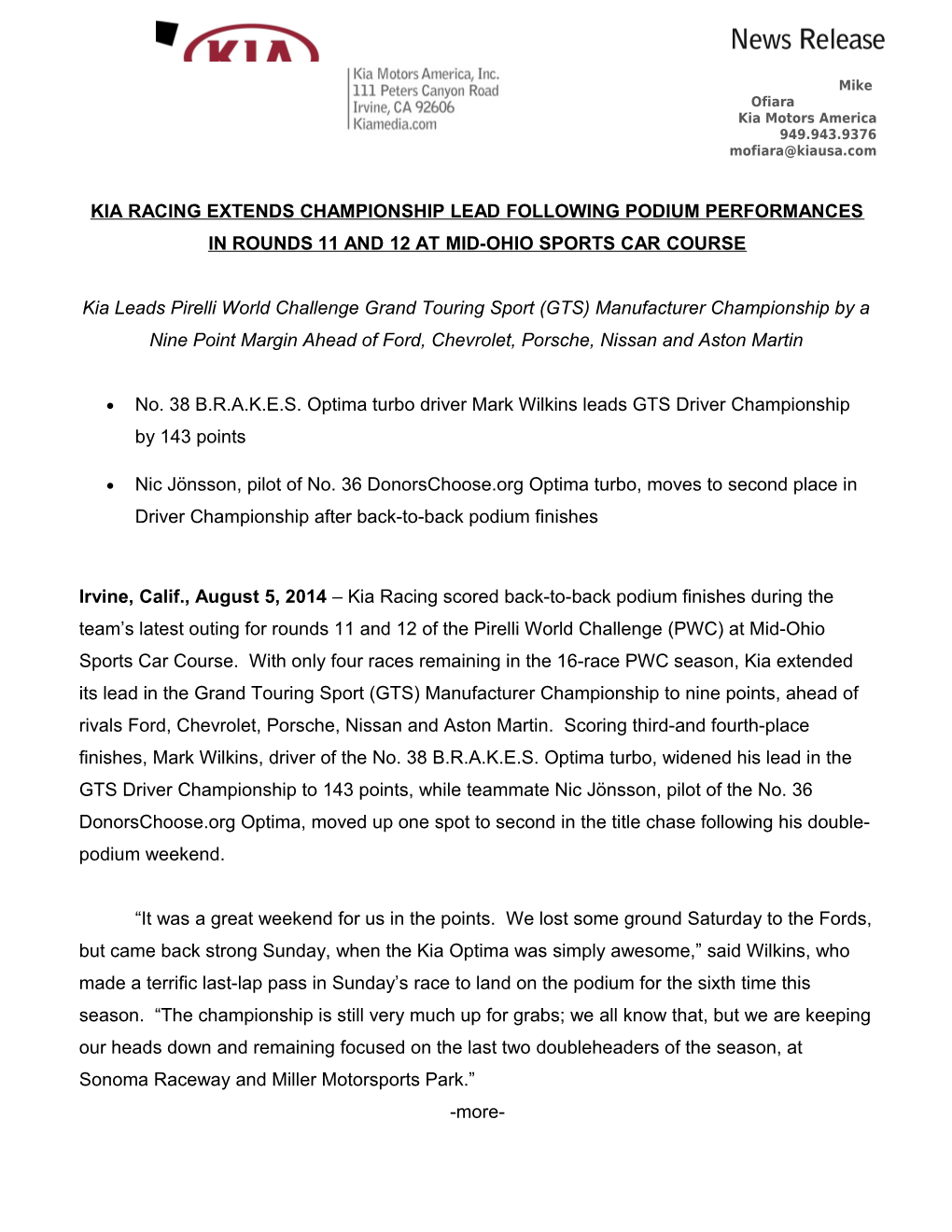 Kia Racing Scores Back-To-Back Podiums in Rounds 11 and 12 at Mid-Ohio