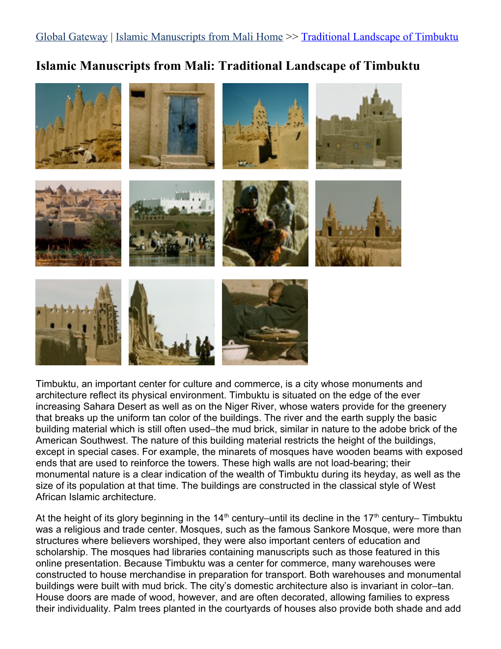 Global Gateway Islamic Manuscripts from Mali Home Traditional Landscape of Timbuktu